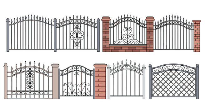 Collection of different wrought iron and metal fence designs with brick pillars and various ornate decorative scroll patterns.