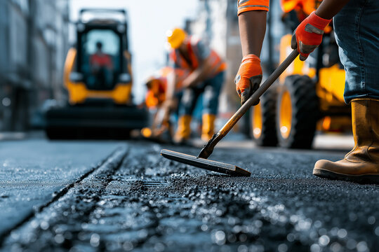 Road construction workers paving fresh asphalt with heavy machinery, improving transportation infrastructure through skilled teamwork and engineering.