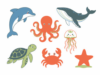 Obraz premium Collection of cute cartoon sea animals including dolphin octopus whale turtle crab jellyfish and starfish.