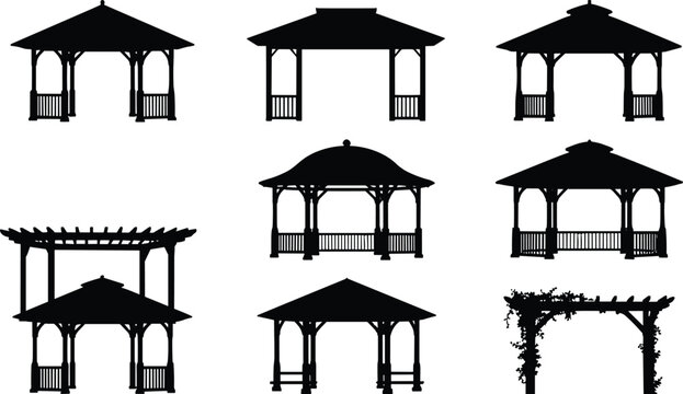 Set of wooden gazebo and pergola silhouettes for backyard garden landscape design and outdoor architectural decoration