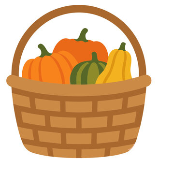 Woven wooden basket filled with harvested pumpkins and gourds
