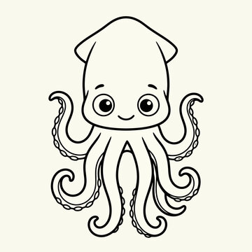 A cute cartoon squid illustration for children coloring pages