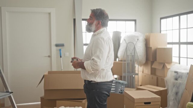 Man holding patterned mug in hands and looking sideways among moving boxes in building; quiet contemplation.