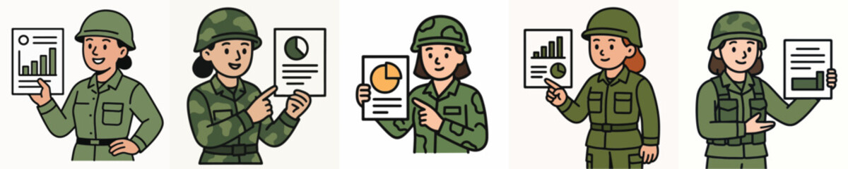 Fototapeta premium A set of vector illustrations of a female soldier presenting a report.