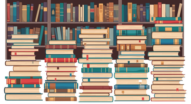 Shelves overflowing with colorful books and tall unstable stacks of literature representing a library or home office study area.
