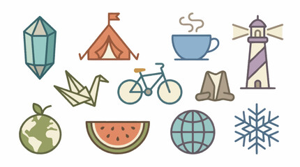 Colorful flat icons representing travel and nature themes. © mbak