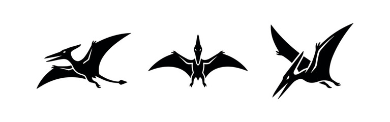 Pterodactyl icon set. Flying dinosaur vector silhouettes. Ancient prehistoric reptile symbols. © Lili