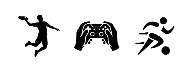 Sport and gaming icon set. Frisbee player, game controller, and soccer athlete silhouettes. © Lili