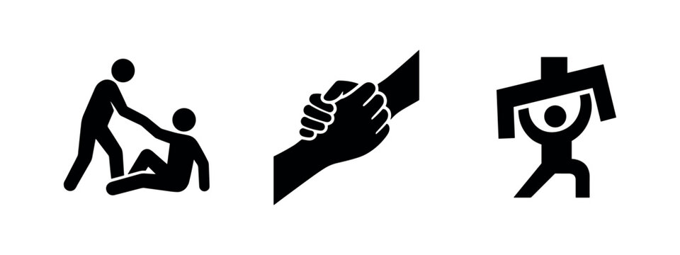 Help and support icon set. Assisting, helping hands, and carrying symbols. Compassion and aid.