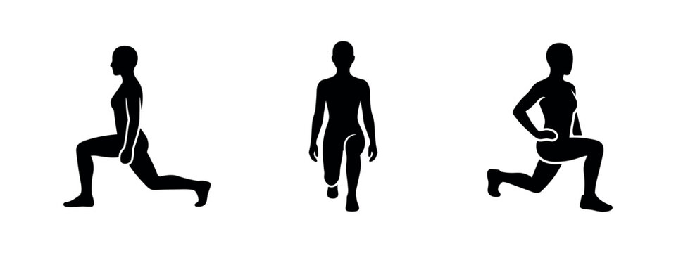 Lunge exercise icon set. Fitness training workout silhouettes. Leg and core strength symbols.
