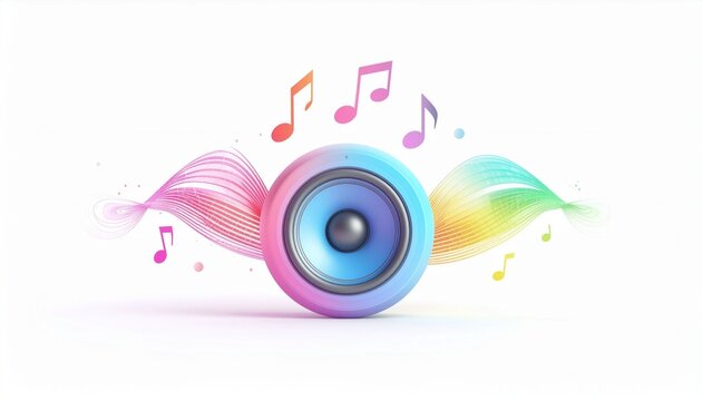A brightly colored speaker featuring a musical note and abstract sound wave pattern against a white background.