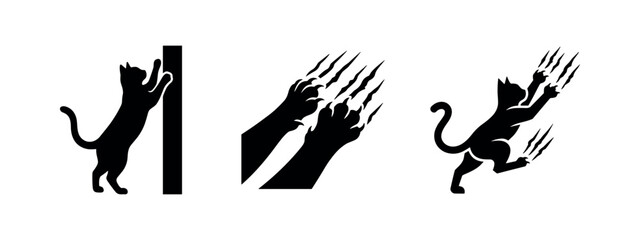 Three black silhouette icons depicting cats scratching a surface, on a white background. © Lili