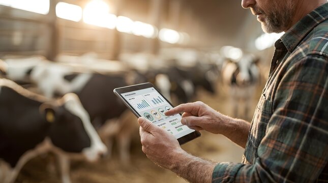 Farmer using digital tablet to monitor and manage cattle health and productivity in a modern barn