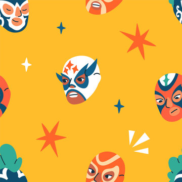 Luchador wrestlers in face masks, seamless pattern design. Endless background with Lucha libre wrestling athlete heads in Mexican headwear. Repeating print, flat vector illustration for textile