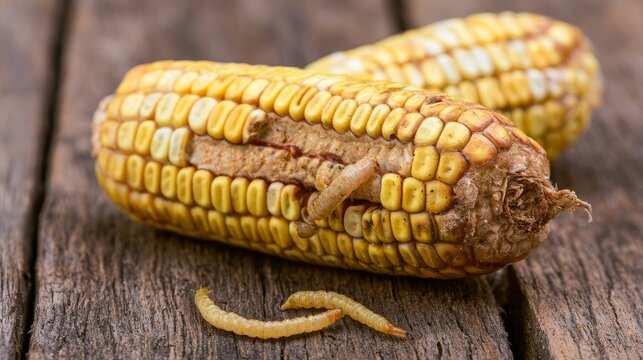 Corn on wood surface showing damage from pests with worms crawling out