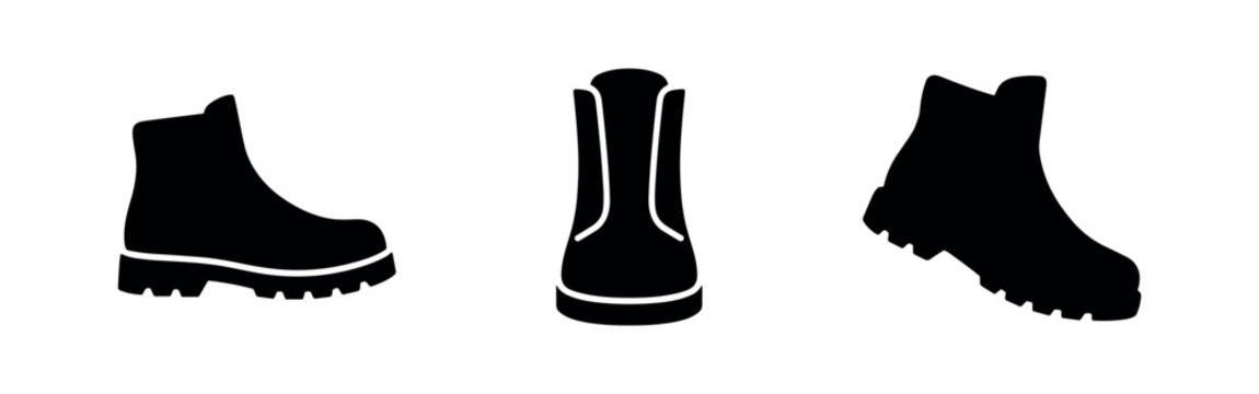 Set of black icons representing combat boots in different views