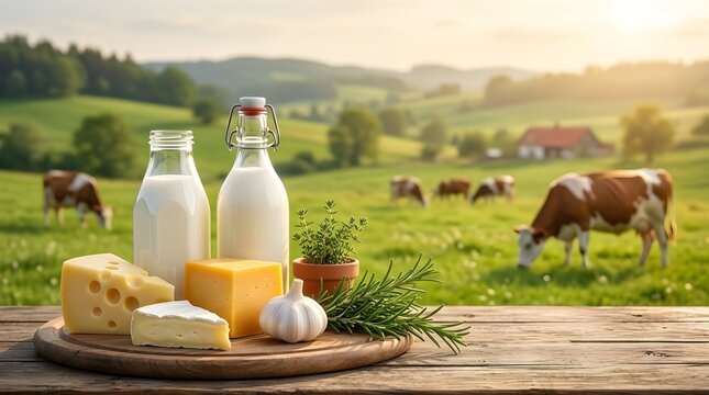 Fresh dairy products on a wooden table with a serene countryside landscape and grazing cows in the background at sunset