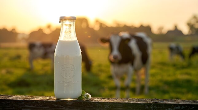 Glass bottle of milk on rustic fence with cows grazing in green pasture at sunset