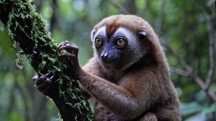 Fototapeta premium Lemur gripping mossy branch.