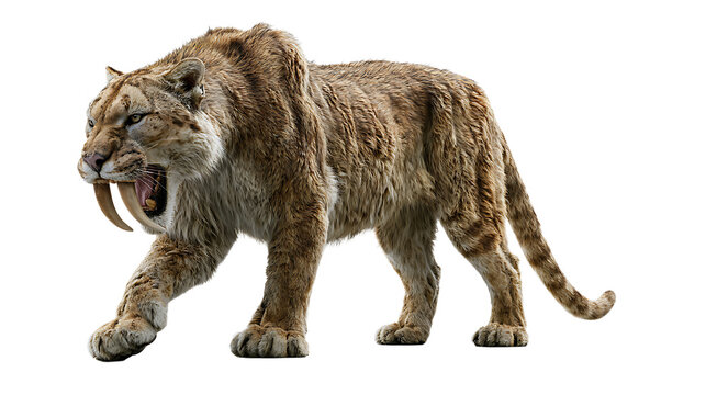 saber tooth tiger, smilodon, prehistoric cat, extinct mammal, big cat, predator, ice age animal, roaring, walking, wild animal, carnivore, ancient predator, giant cat, realistic animal, transparent ba