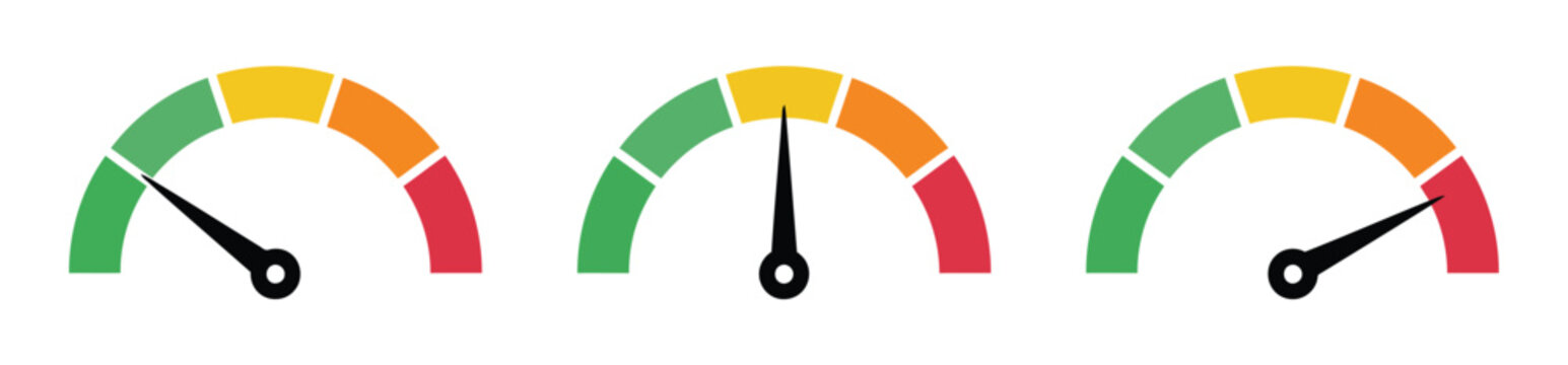Performance Gauge Icons with circular meter dials, green to red indicators, black needles, speed monitoring, risk levels, score tracking, dashboard widgets, and vector illustration.