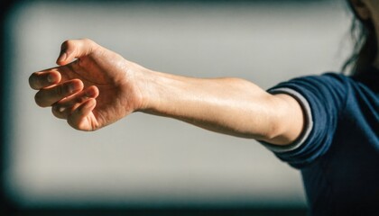 Fototapeta premium Feeling hand pose concept. Extended arm with clenched fist and visible veins, showing muscle tension and skin texture against a neutral background.