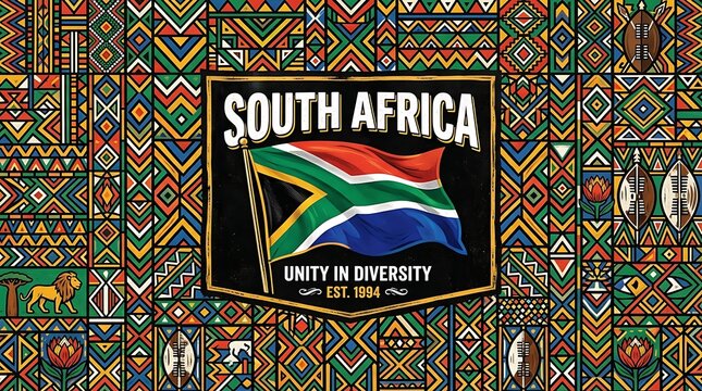 Patriotic south african flag emblem on vibrant tribal pattern