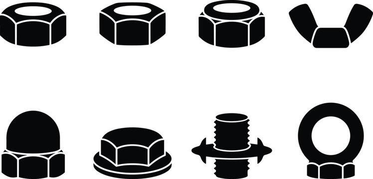Fastener Nut and Washer Silhouette Icon Set with Hex Lock Wing Cap and Eye Nuts