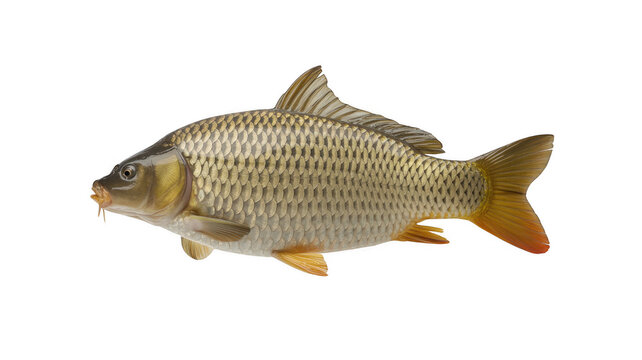 A side view of a common carp fish with golden scales and fins, swimming in a horizontal position, isolated on a solid black background