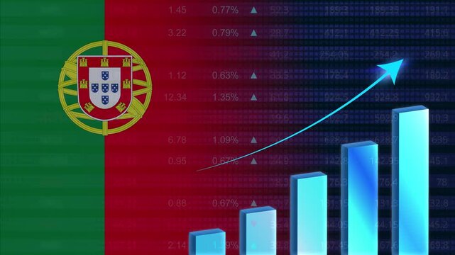 Portugal economy growth concept background.Portuguese stock exchange.Portugal flag with stock market graph and bar