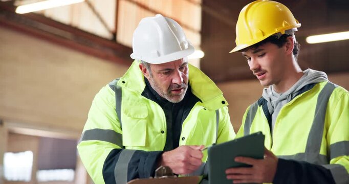 Manager, construction and men with tablet, clipboard and planning, inventory and meeting. Engineering, supervisor and people with tech, checklist and report for inspection, evaluation or schedule