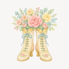 Obraz premium Vintage boots with floral arrangement.