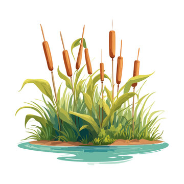 magnificent vector illustration displaying tall reed grass and cattail plants growing near calm wetland water banks for nature scenes