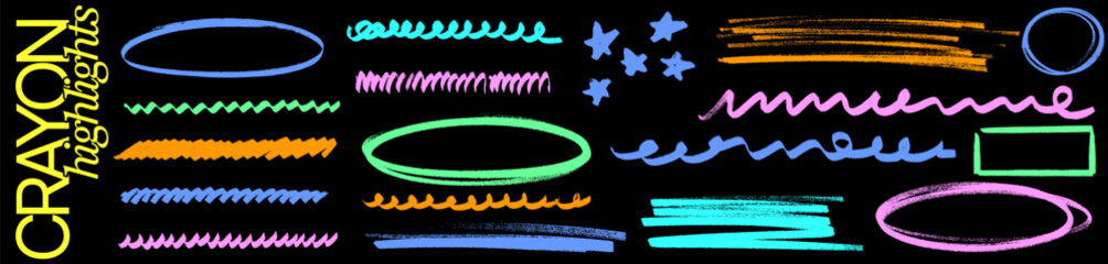 Obraz premium Drawn chalk brush highlights and bold crayon marker pen doodles dance with expressive scribble energy. Vivid circle arrow frames and drawn highlights pulse.