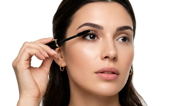 Beautiful woman applying black mascara to her eyelashes isolated on white background