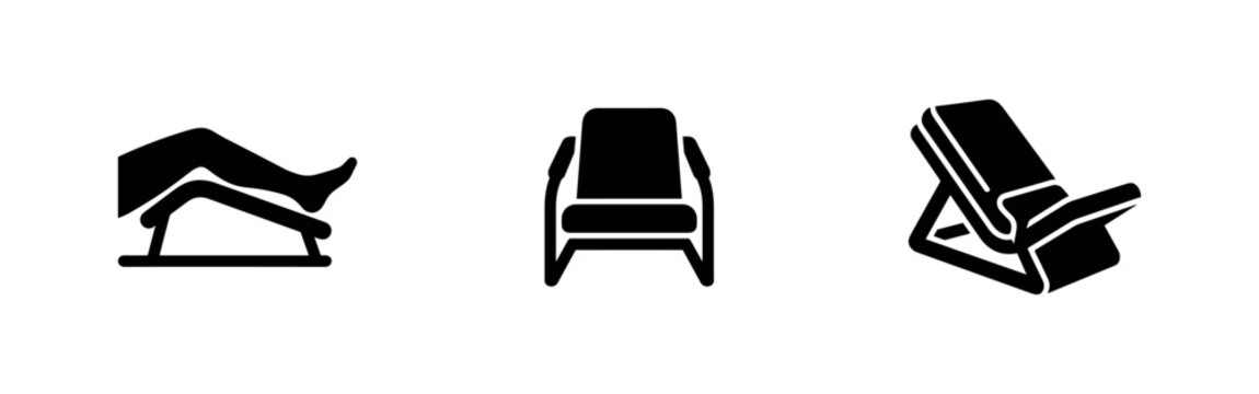 Set of three black icons depicting fitness and exercise equipment: leg machine, chair, and bench.