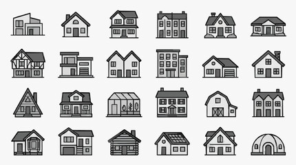 Fototapeta premium Industrial Style Icons Set of Diverse Modern and Traditional Houses in Monochromatic Gray Scale