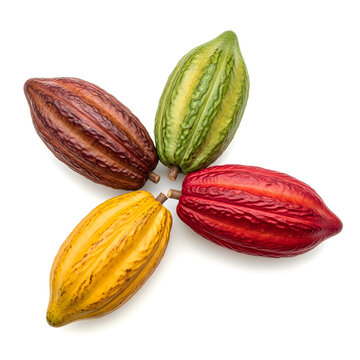 Four cocoa pods in different colors