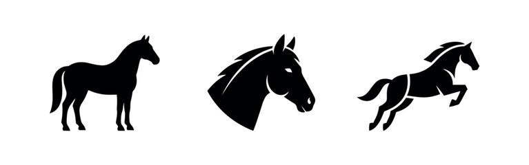 Fototapeta premium Horse icons: silhouette, head profile, and jumping horse