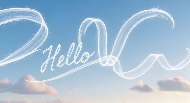 Hello written in glowing light against a blue sky with clouds