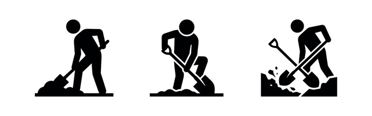 Shoveling icons: person digging with shovel, soil, and dirt © Lili