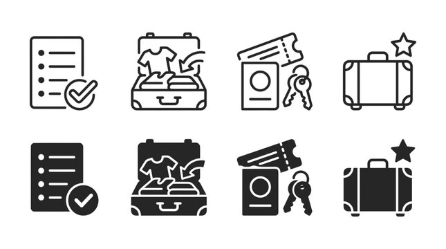 Travel preparation and luggage icons set including checklists and suitcases with checklist suitcase passport vacation