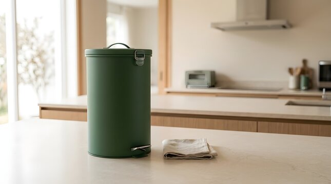 Green trash can on kitchen countertop