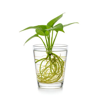 Green plant growing in glass cup with water