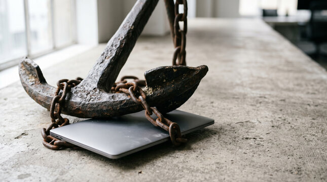 Modern laptop chained to a heavy rusty iron anchor on concrete, symbolizing technical debt, corporate burden, and digital burnout.