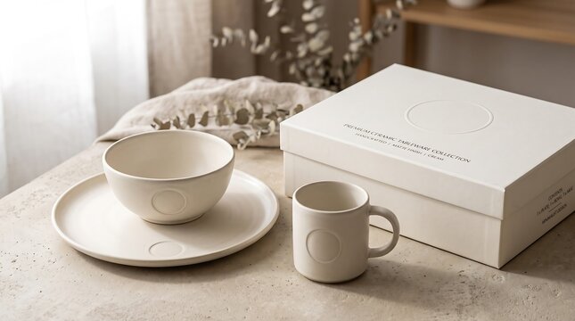 A mockup of a modern table setting with a cup on a saucer and a mug next to a gift box on a beige surface
