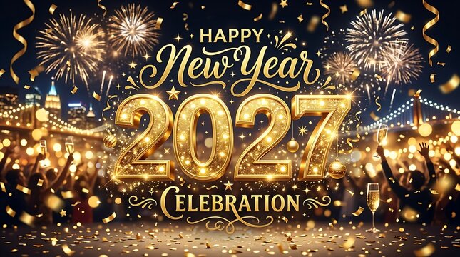 Happy new year 2027 celebration with golden fireworks, confetti, and sparkling lights.