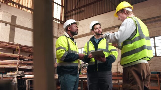 Carpentry, team and discussion in workshop with tablet, design idea and plan woodwork manufacturing. Manager, people and carpenter advice in warehouse with tech, brainstorming production and project.