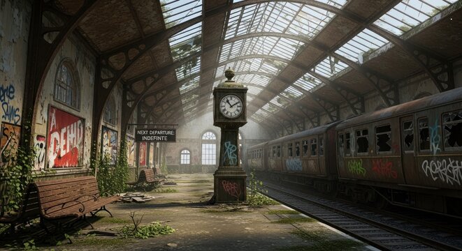 Abandoned railway station interior with a vintage clock tower and a rusted train carriage covered in graffiti under a decaying glass roof in a post apocalyptic setting