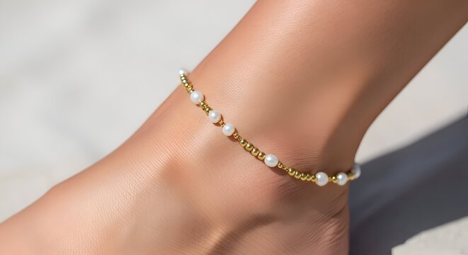 Delicate gold anklet with pearl beads on ankle